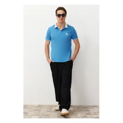 Trendyol Blue Slim/Narrow Cut Horse Embroidered 100% Cotton Polo Neck T-Shirt