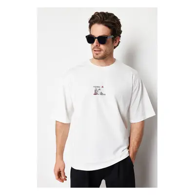 Trendyol Ecru Oversize Skateboard Printed 100% Cotton T-Shirt