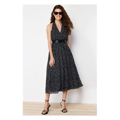 Trendyol Black Belt Polka Dot Chiffon Lining Waist Opening Midi Woven Dress