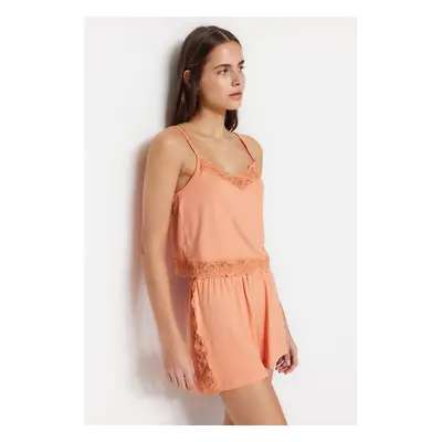 Trendyol Salmon Lace Rope Strap Knitted Pajama Set with Shorts