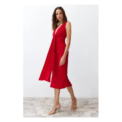 Trendyol Red Fitted Draped Knitted Elegant Evening Dress