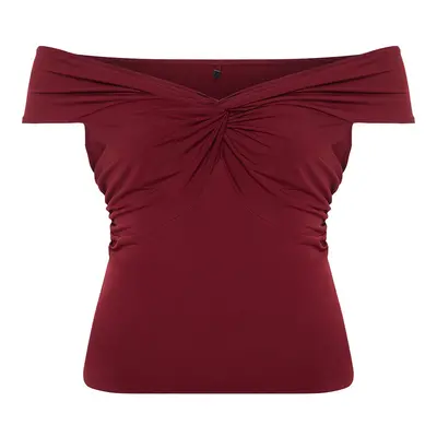 Trendyol Curve Claret Red Knitted Blouse with Knot Detail