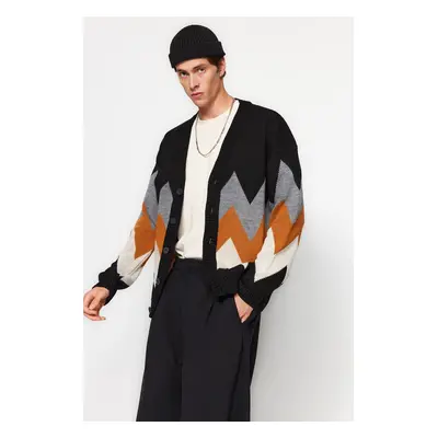 Trendyol Black Oversize Fit Wide Pattern Multicolored Cardigan