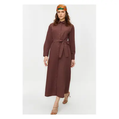 Trendyol Brown Belted Cuffed Sleeve Buttoned Cotton Woven Shirt Dress