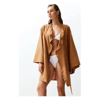 Trendyol Brown Belted Mini Woven Ruffle 100% Cotton Kimono&Kaftan