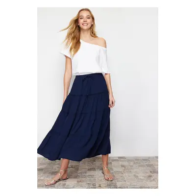 Trendyol Navy Blue Flared Maxi Length Woven Skirt with Gather Detail at Waist