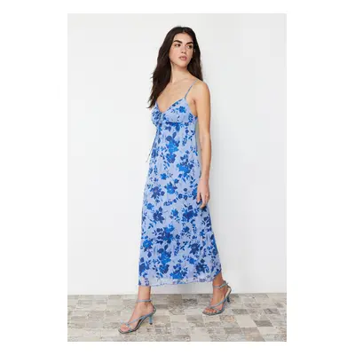 Trendyol Blue Floral Pleated Maxi Printed Maxi Length Sweetheart Neck Knitted Dress