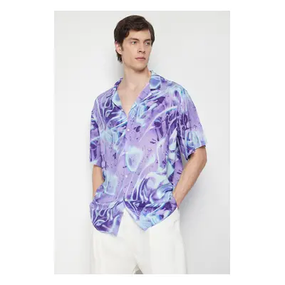 Trendyol Purple Oversize Fit Abstract Printed 100% Viscose Short Sleeve Casual Summer Shirt