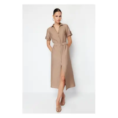 Trendyol Mink Belted Midi Woven Shirt Dress