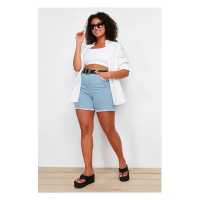 Trendyol Curve Light Blue Pocket and Leg Tassel Detailed Mini Denim Shorts