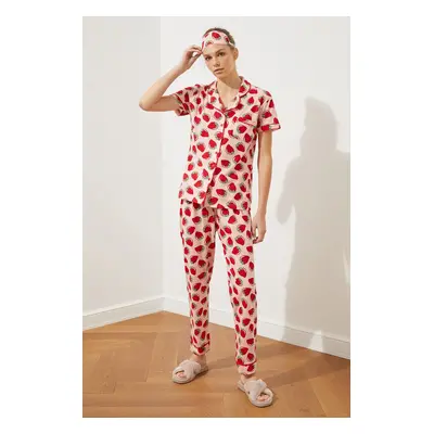 Trendyol Pink Strawberry Patterned Piping Detailed Sleep Band Knitted Pajama Set