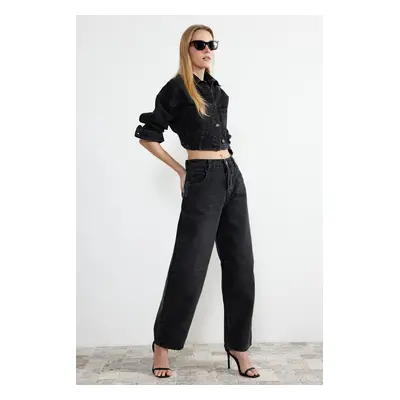 Trendyol Black Stitch Detail Belt Buckle on Back High Waist Barrel Jeans