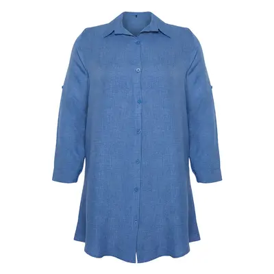 Trendyol Curve Blue Tunic Oversized Foldable Long Sleeve Plus Size Woven Shirt