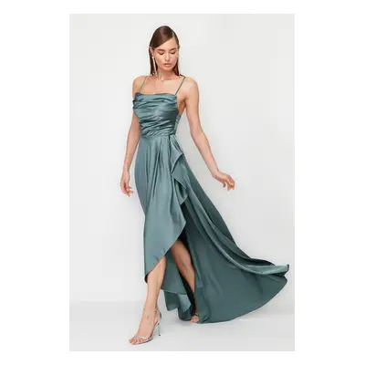 Trendyol Blue Woven Satin Long Elegant Evening Dress