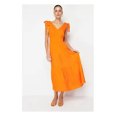 Trendyol Orange A-Cut Flounce V-neck Maxi Woven Dress