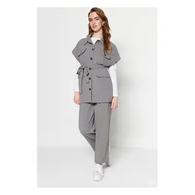 Trendyol Gray Gold Buttoned Vest-Pants Knitted Suit