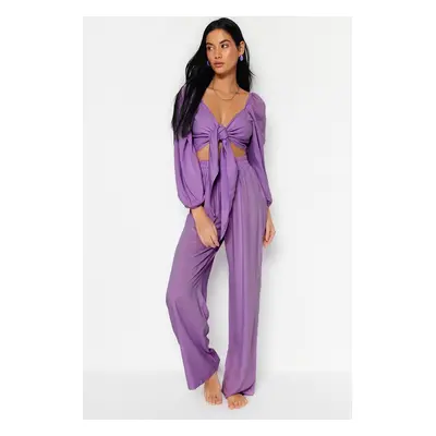 Trendyol Lilac Woven Tie Blouse and Pants Suit