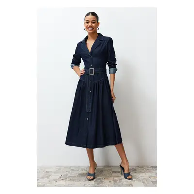 Trendyol Blue Belted Jacket Collar Maxi Denim Dress