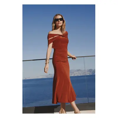 Trendyol Tile Asymmetrical Collar Knitted Stylish Evening Dress