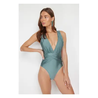 Trendyol Mint Deep Decollete Draped Regular Swimsuit