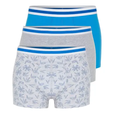 Trendyol 3-Piece Gray-Blue Tropical Patterned-Plain Mix Cotton Boxer