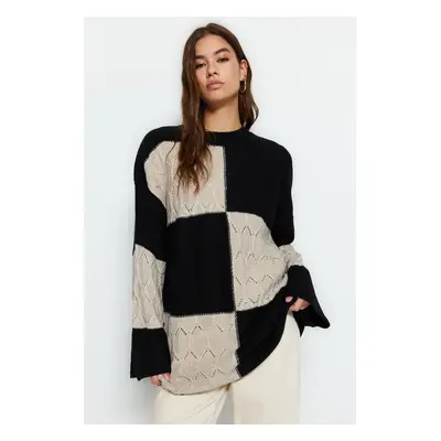 Trendyol Black Openwork/Perforated Color Block Knit Knitwear Sweater