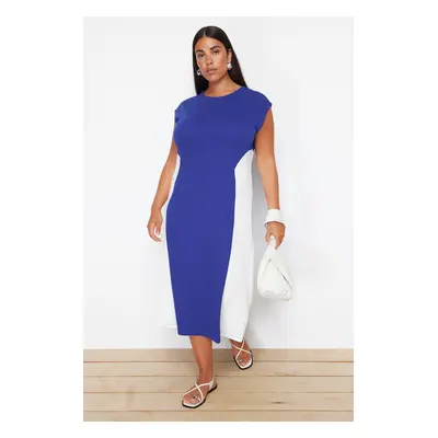 Trendyol Curve Saks-Ecru Color Block Midi Crepe Knitted Plus Size Dress