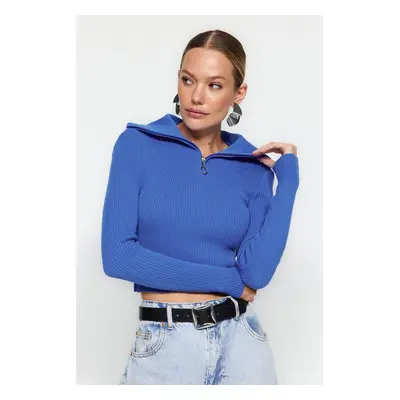 Trendyol Blue Crop Zip Detail Pletený svetr