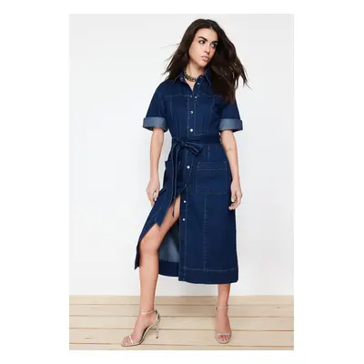 Trendyol Blue Belted Maxi Denim Dress