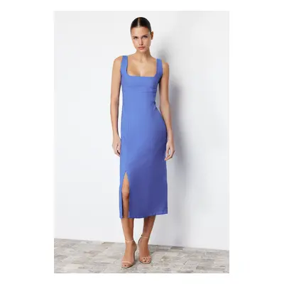 Trendyol Indigo A-line Square Collar Slit Strap Midi Woven Dress