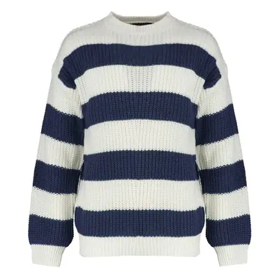 Trendyol Indigo Casual Oversize Fit Wide Mold Crew Neck Striped Knitwear Sweater