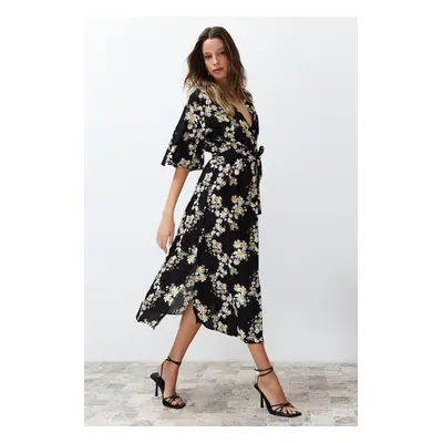 Trendyol Black Belted Floral Print A-line Double-breasted Collar Midi Woven Dress