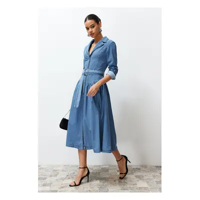 Trendyol Light Blue Belted Jacket Collar Maxi Denim Dress