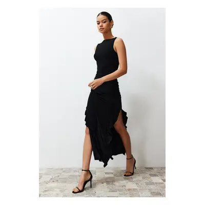 Trendyol Black Bodycone Zero Sleeve Slit Ruffle Detailed Flexible Thick Sandy Maxi Pencil Dress