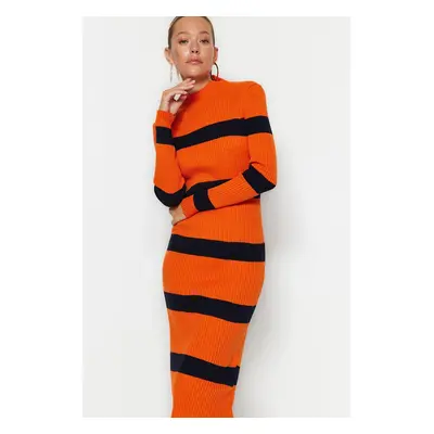 Trendyol Orange Midi Knit Striped Dress