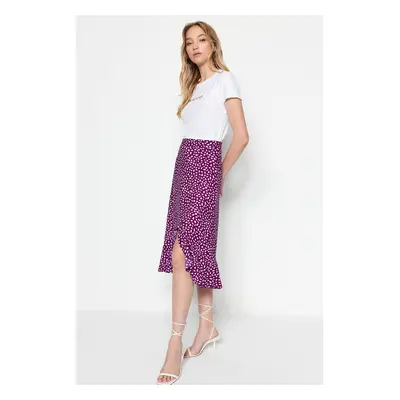 Trendyol Purple Printed High Waist Midi Stretchy Knitted Skirt with Gather Detail and Flounce