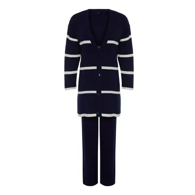 Trendyol Navy Blue Roving Knit Knitwear Cardigan-Trousers Bottom-Top Set