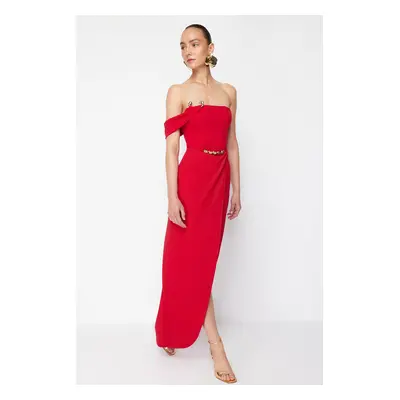 Trendyol X Zeynep Tosun Red Wrap Knitted Long Evening Dress & Graduation Dress with Accessory De