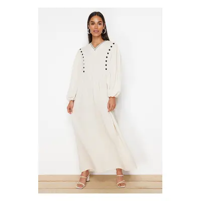 Trendyol Beige V-Neck Detailed Woven Linen Look Dress