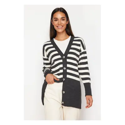 Trendyol Anthracite V-Neck Striped Knitwear Cardigan