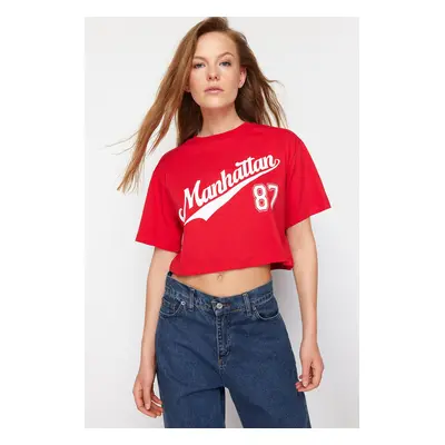 Trendyol Red 100% Cotton Slogan Printed Relaxed/Comfortable Fit Crop Knitted T-Shirt