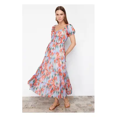 Trendyol Blue Floral Patterned A-Line Gipe Detailed Maxi Lined Chiffon Woven Dress