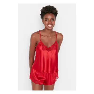 Trendyol Red Lace Detailed Rope Strap Satin Woven Pajama Set