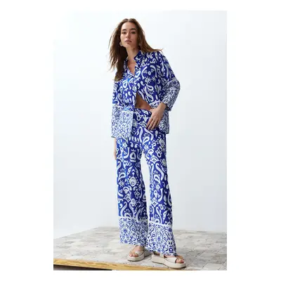 Trendyol Blue Zebra Patterned Woven Shirt-Pants Set