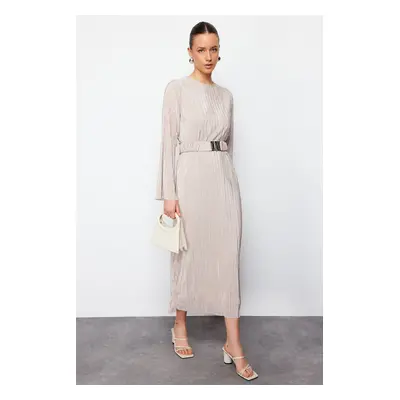 Trendyol Gold Belted Pleated Knitted Dress