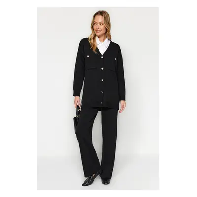 Trendyol Black Buttoned Cardigan-Pants Knitwear Two Piece Set