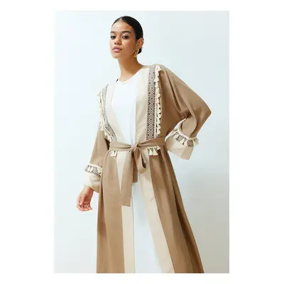 Trendyol Brown Belted Embroidery Detailed Crinkle Woven Kimono & Kaftan & Abaya