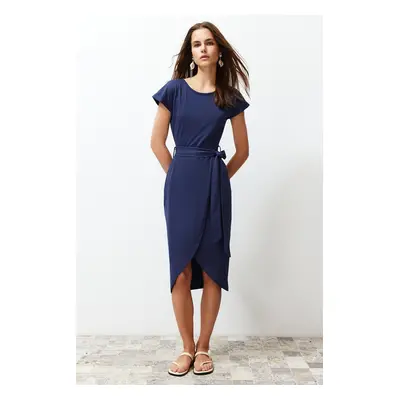 Trendyol Navy Blue 100% Cotton Double Breasted Closure Tie Detailed Midi Knitted Maxi Dress