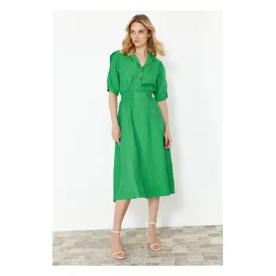 Trendyol Green A-line Shirt Collar Guiped Midi Woven Dress