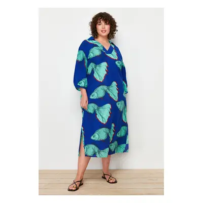 Trendyol Curve Blue Fish Patterned Slit Detailed Balloon Sleeve Woven Beach Dress